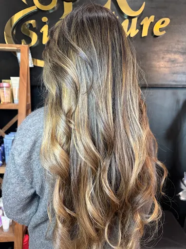 Mid-back length hair with caramel highlights and glossy waves